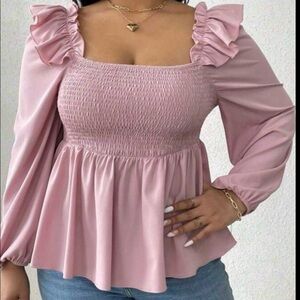 SHEIN Plus Size Peplum Blouse 2X Pink Square Neck Lantern Sleeves